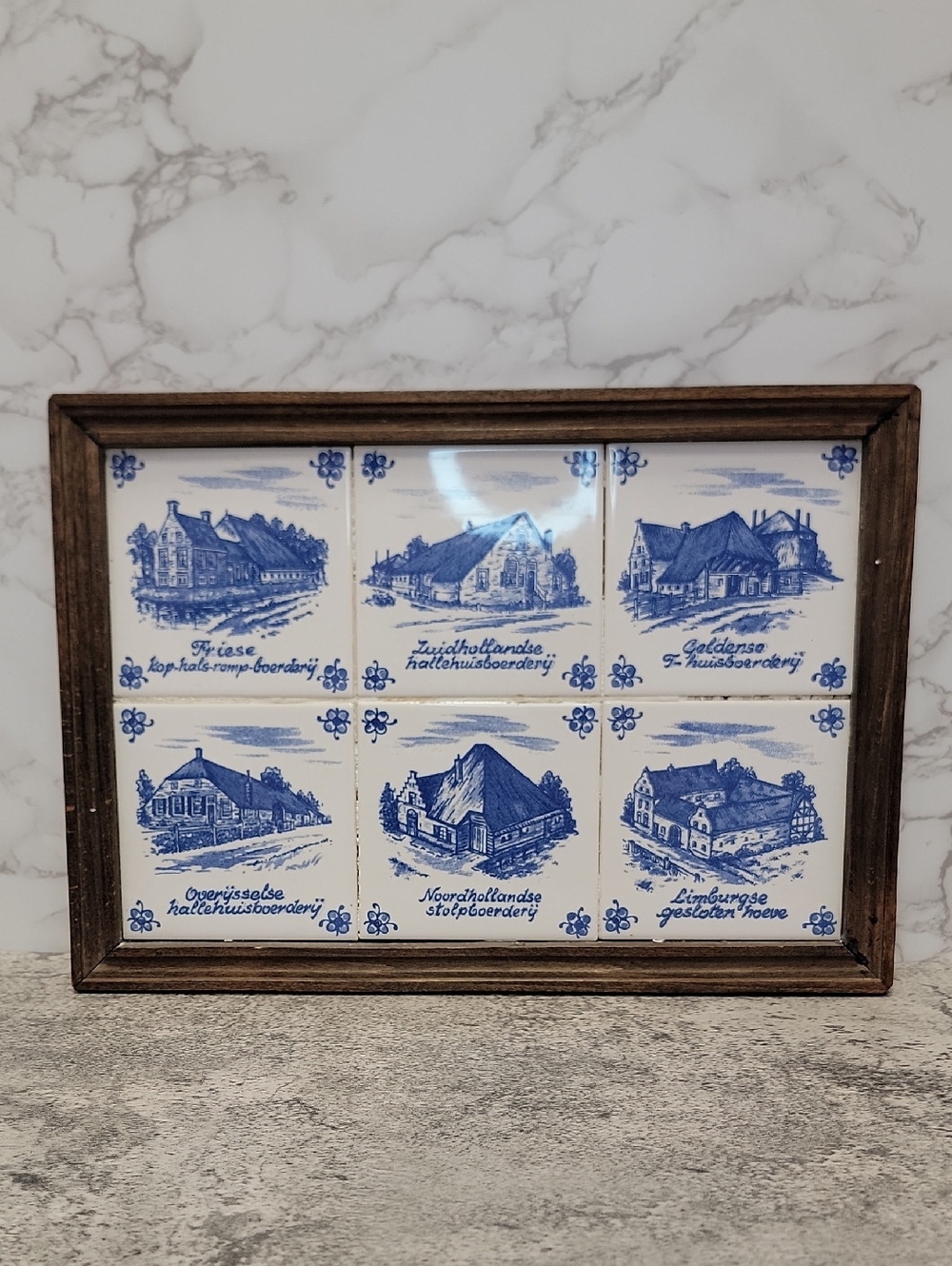 Vintage Dutch Farmouse framed tiles tray delft blue
